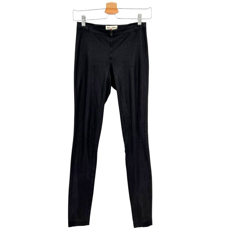 Alice + Olivia x Scoop Zip Front Leggings Pants Low Rise Coated Shiny Black 0